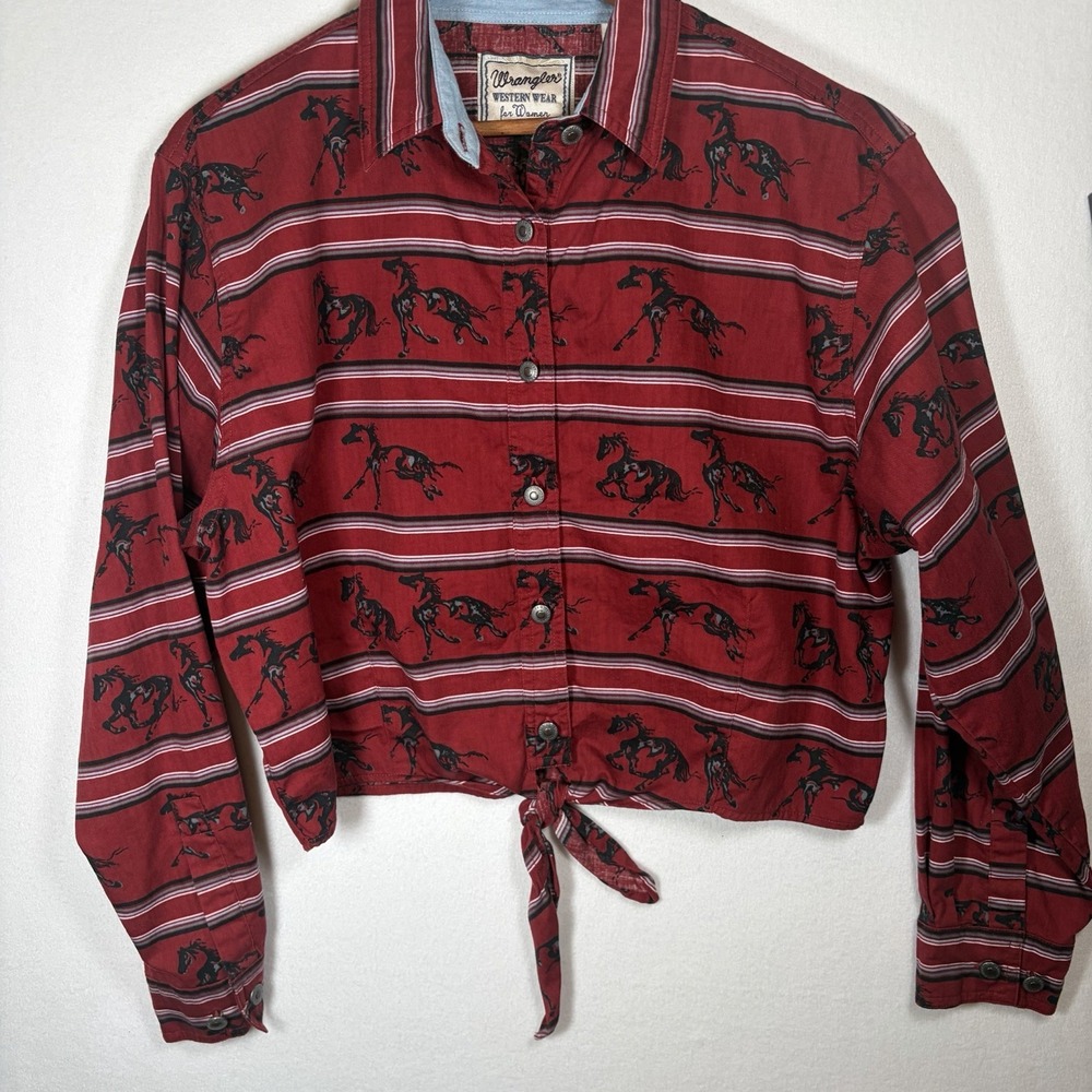 Wrangler Western Women XXL Tie Waist Horses Rodeo Button Up Crop Top  Cowgirl